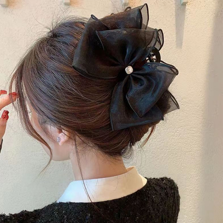 リボンヘアクリップ 大きめ黒 レディース[品番：AGCW0004463