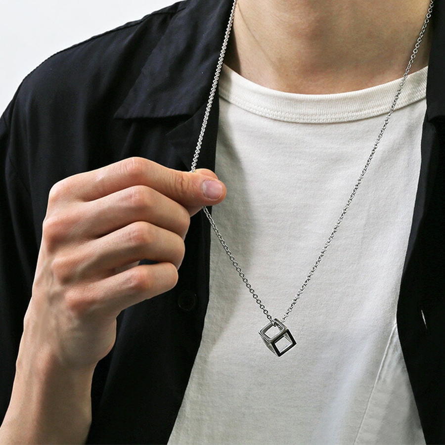 フレームキューブペンダントネックレスメンズステンレスチェーン
