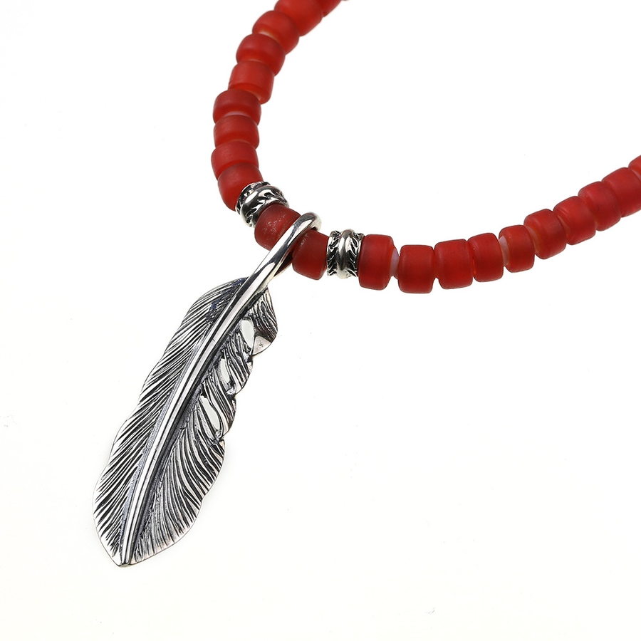 赤ビーズフェザーネックレス STUDIO T&Y×レアセル 希少フェザー 赤白