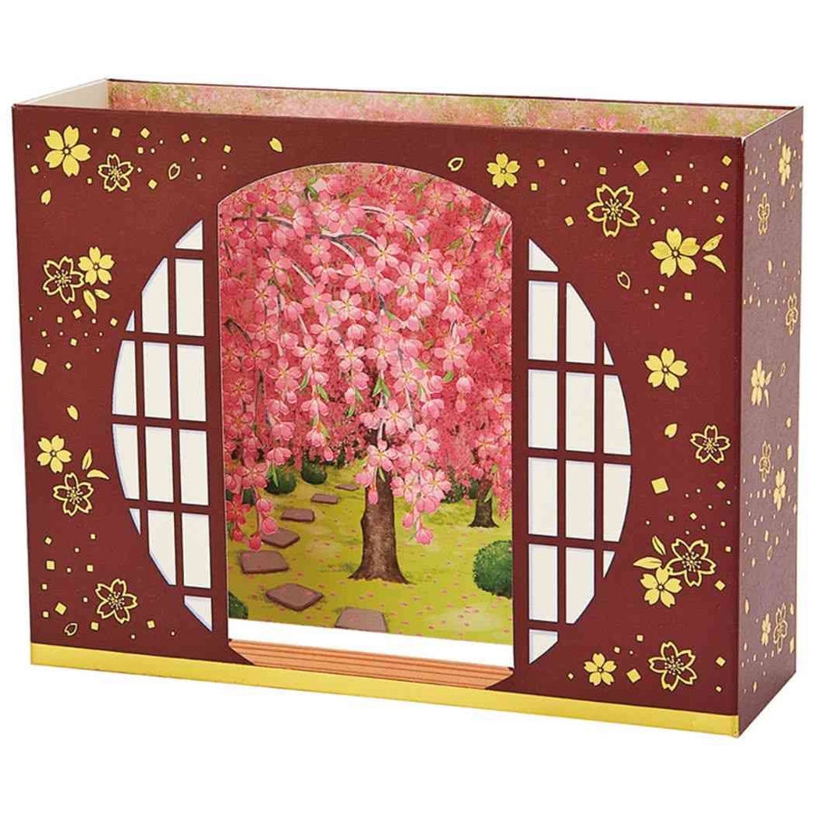 グリーティングカード 立体レーザーカットカード 丸窓から桜と庭園