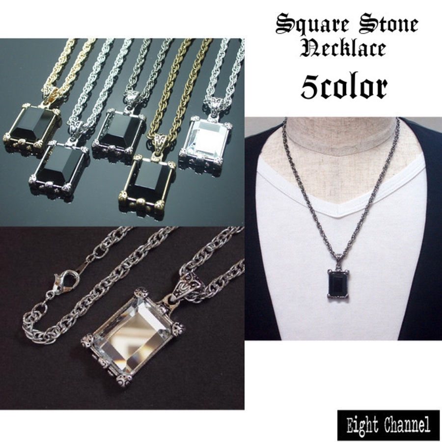 スクエアストーンネックレス シルバー ブラック[品番：ECLA0000201