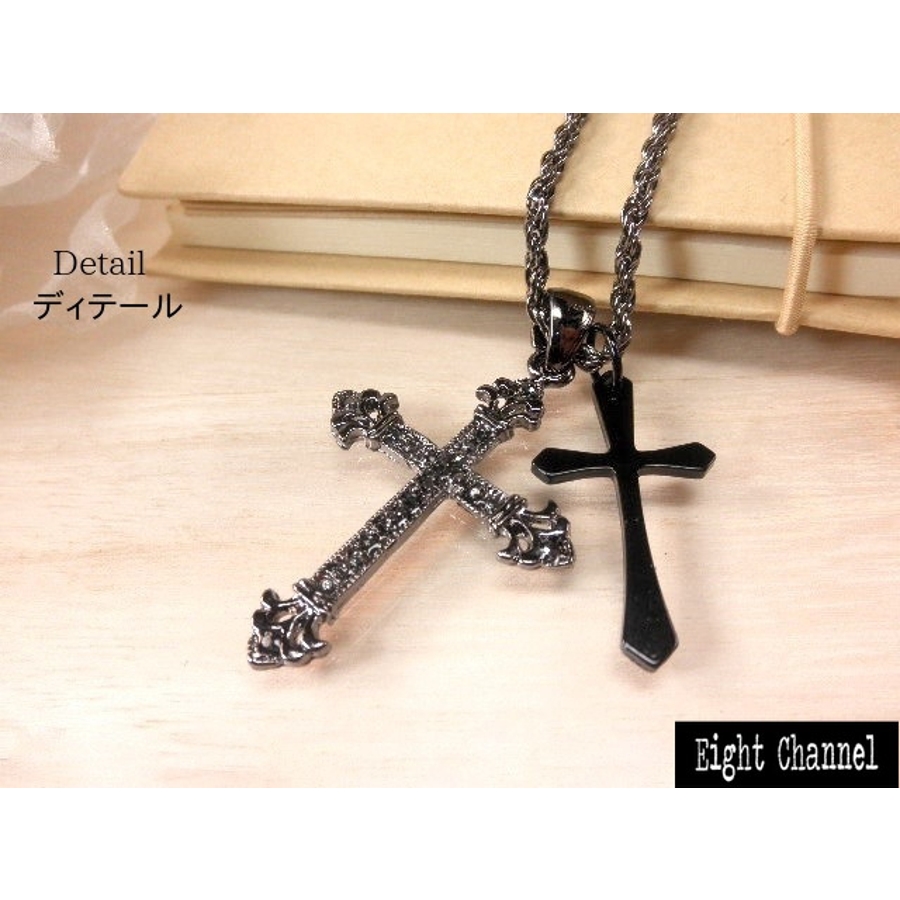 ダブルゴシッククロスネックレス 十字架 黒[品番：ECLA0000515]｜Eight