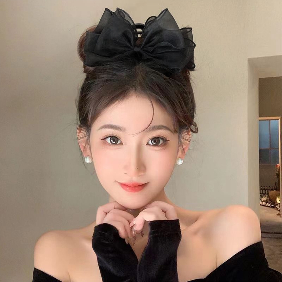 リボンヘアクリップ 大きめ黒 レディース