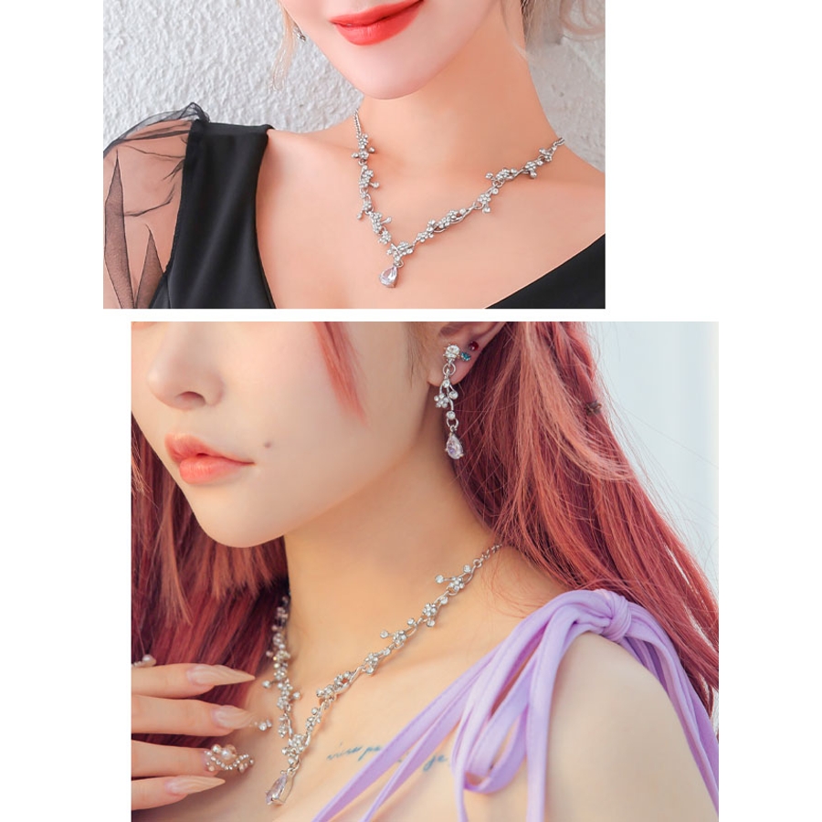リーフ×フラワーモチーフドロップビジューネックレス＆イヤリング 