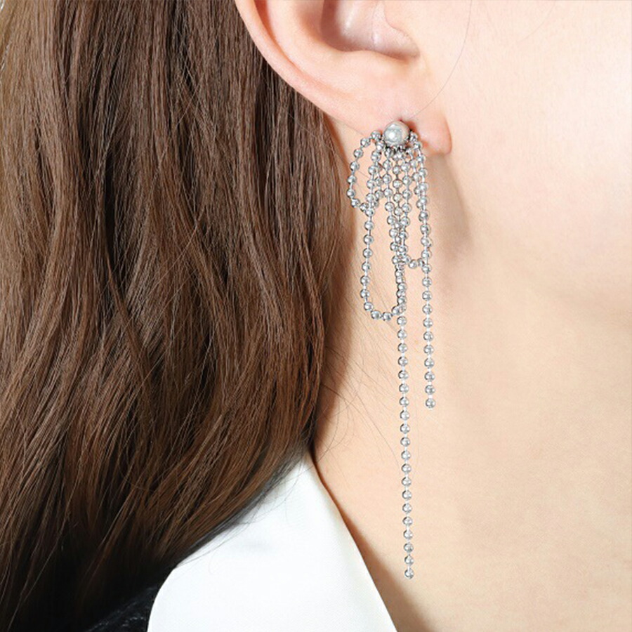 【12月スーパーSALE 15％OFF】 ボールチェーンリボンモチーフピアス ステンレス シルバー[品番 アクセサリー