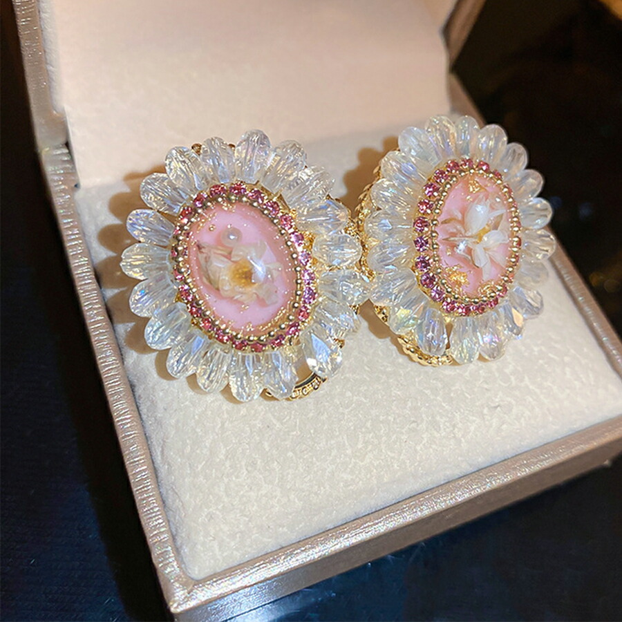 ビーズ刺繍デザインピアス 押し花 レトロ感[品番：XL000003054