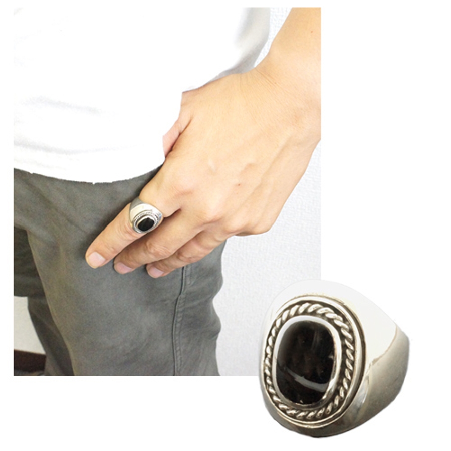 ゴツめのシルバーリングに天然石オニキス メンズジュエリーシルバー925