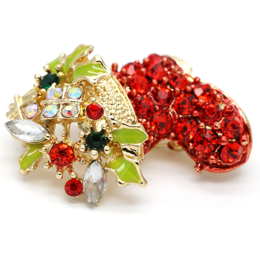 ストーンが煌くクリスマスブーツのピンブローチ ポインセチア お花
