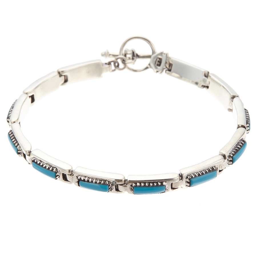 ブルーカラーターコイズの・シルバー925製インレイ・ブレスレット スクエアターコイズシルバー925製ブレスレット マンテル トルコ石[品番