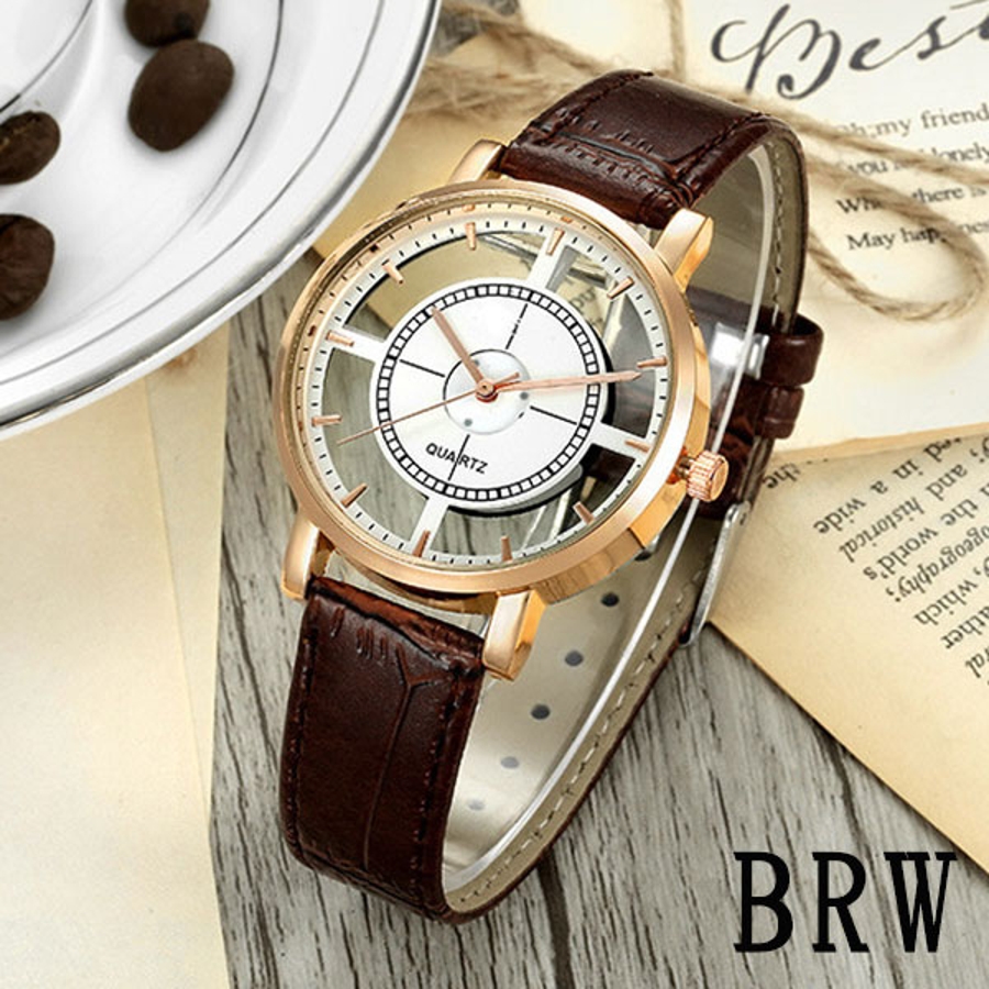 レザーベルトのシンプルシースルーウォッチ フルスケルトンゴールド