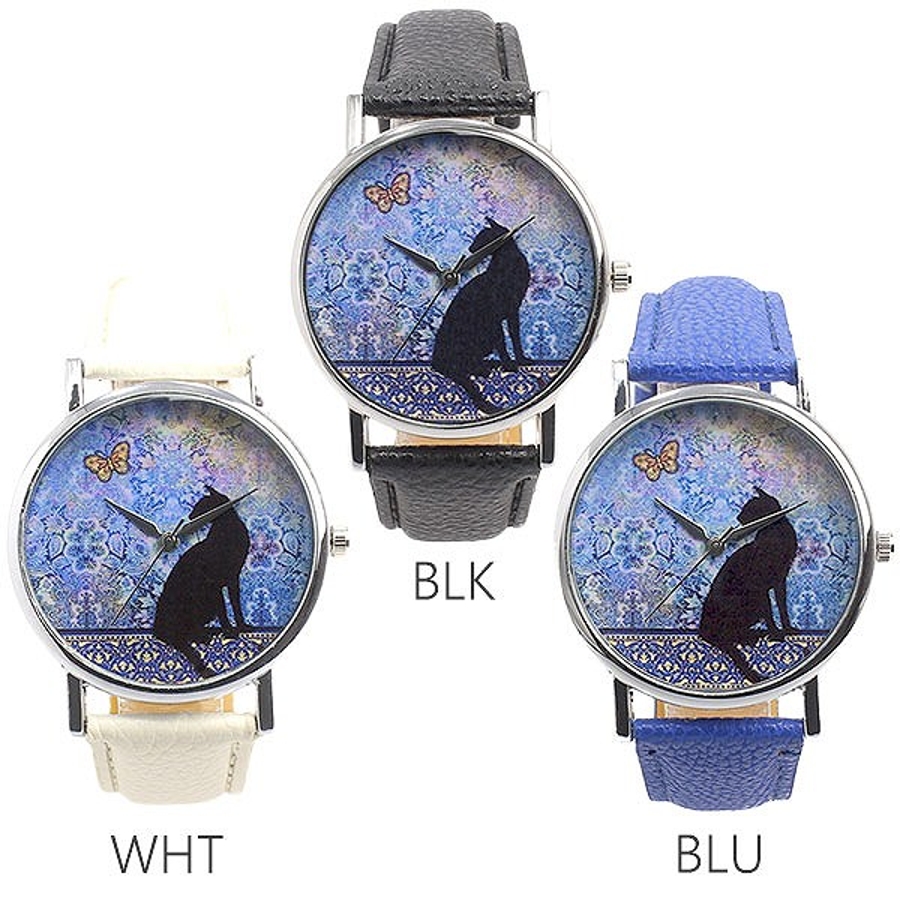 黒猫と蝶々の水彩アート文字盤 型押しPUレザーベルトの