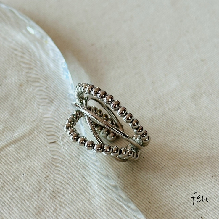 シルバー | フリーサイズリング 変形クロス 異素材ミックス | feu
