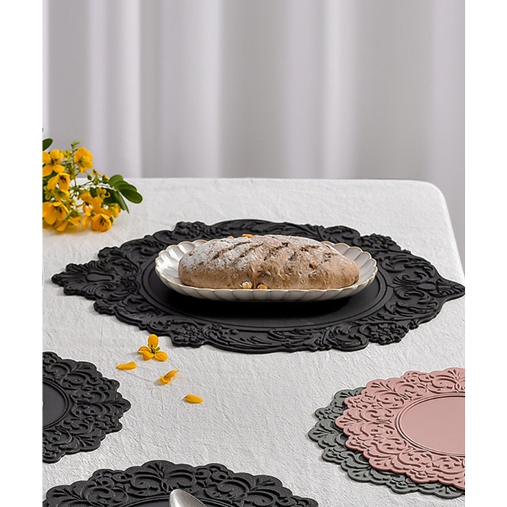 ブラック | レース柄シリコンマット【４サイズ】コースター おしゃれ 鍋敷き | aimoha 