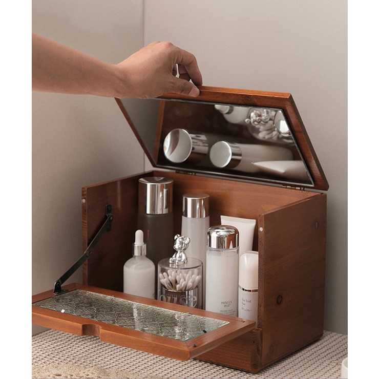 北欧風天然木製コスメ収納ボックス 鏡付き[品番：XT000014737]｜aimoha