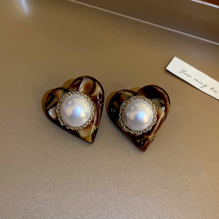 ピアス べっ甲 マーブル×パール ビジューモチーフピアス[品番 
