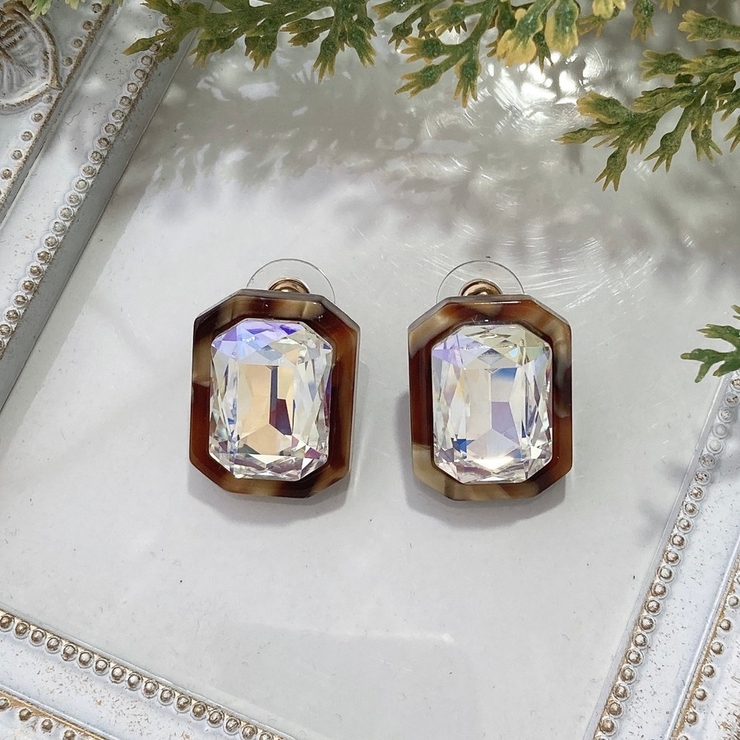 ピアス べっ甲 マーブル×パール ビジューモチーフピアス[品番 