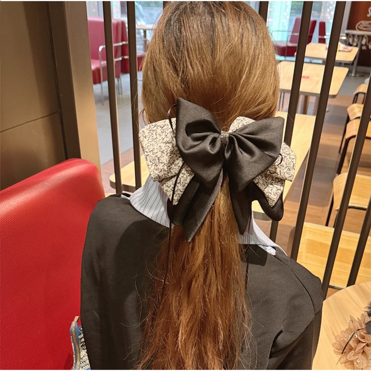 ヘアクリップ ビッグリボンバンスクリップ レトロガーリー花柄