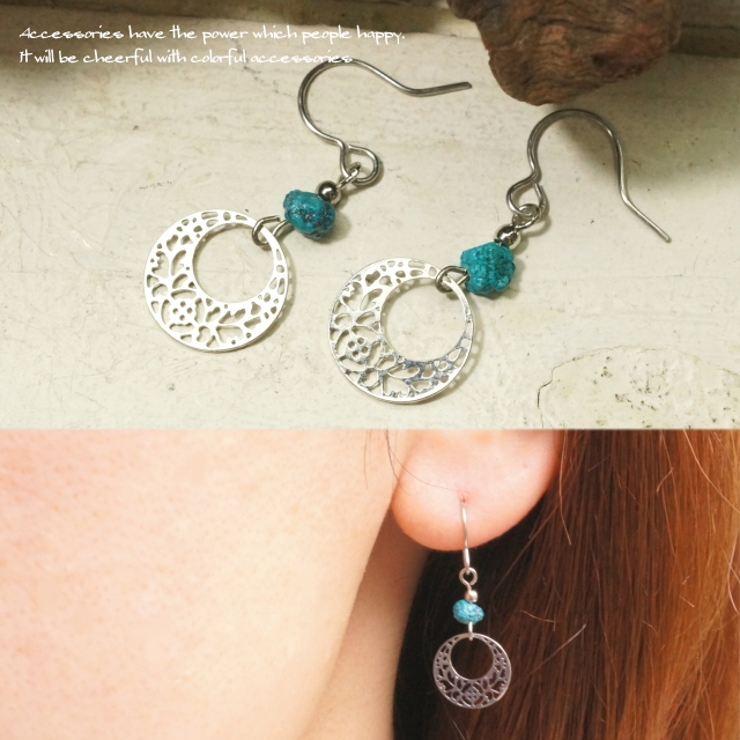 フックピアス 透かし ターコイズ トルコ ビーズ 三日月 円 レディースピアス | YUKATANゆかたん | 詳細画像1