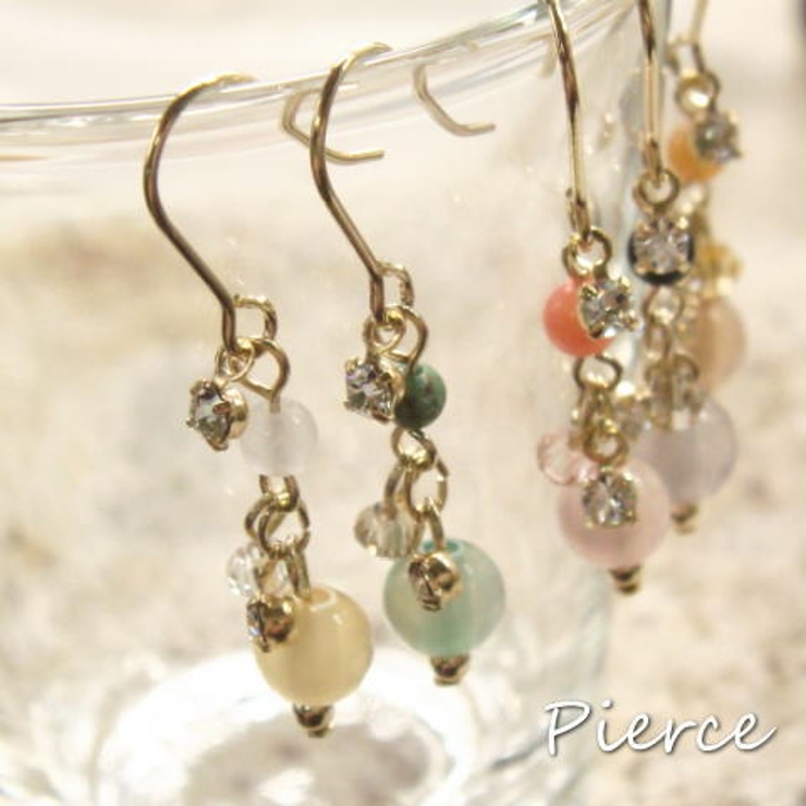 泡色ビーズとキラキラストーンのサガリタイプピアス 【レディースピアス】 アクセサ… | YUKATANゆかたん | 詳細画像1 