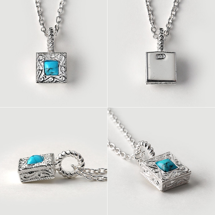 ターコイズインハワイアンスクエアペンダントシルバーカラータイプネックレス2mmア… | シルバーアクセサリーBinich  | 詳細画像5 