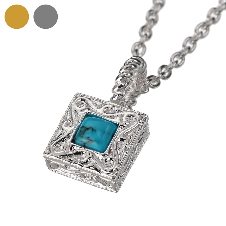 ターコイズインハワイアンスクエアペンダントシルバーカラータイプネックレス2mmア… | シルバーアクセサリーBinich  | 詳細画像1 