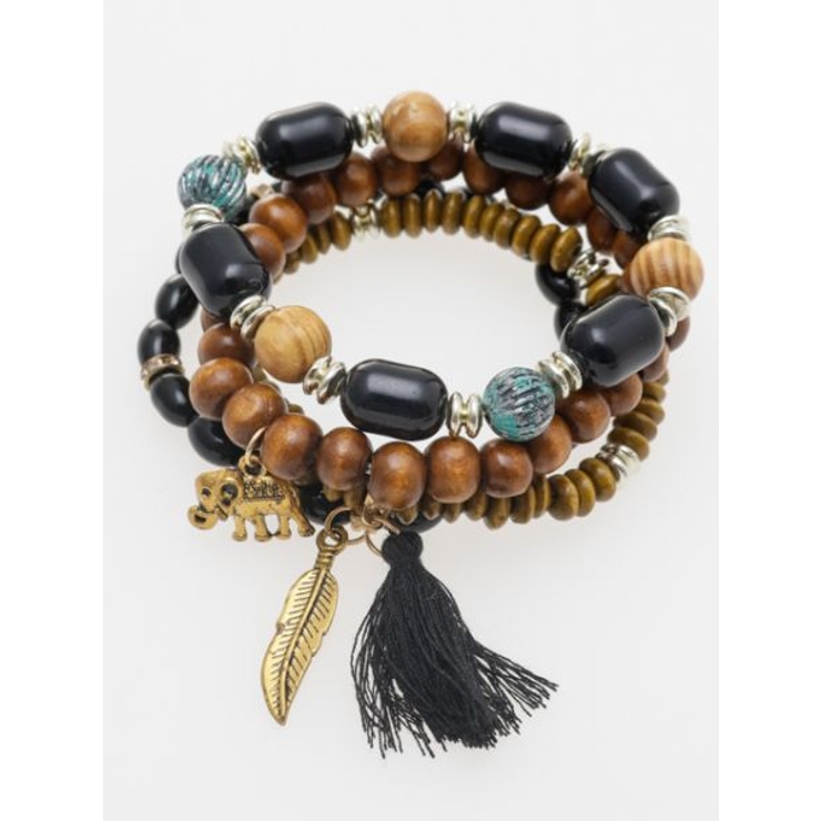 ブラック | 【チャイハネ】エスニックビーズブレスレット 4本セット | アミナコレクション 