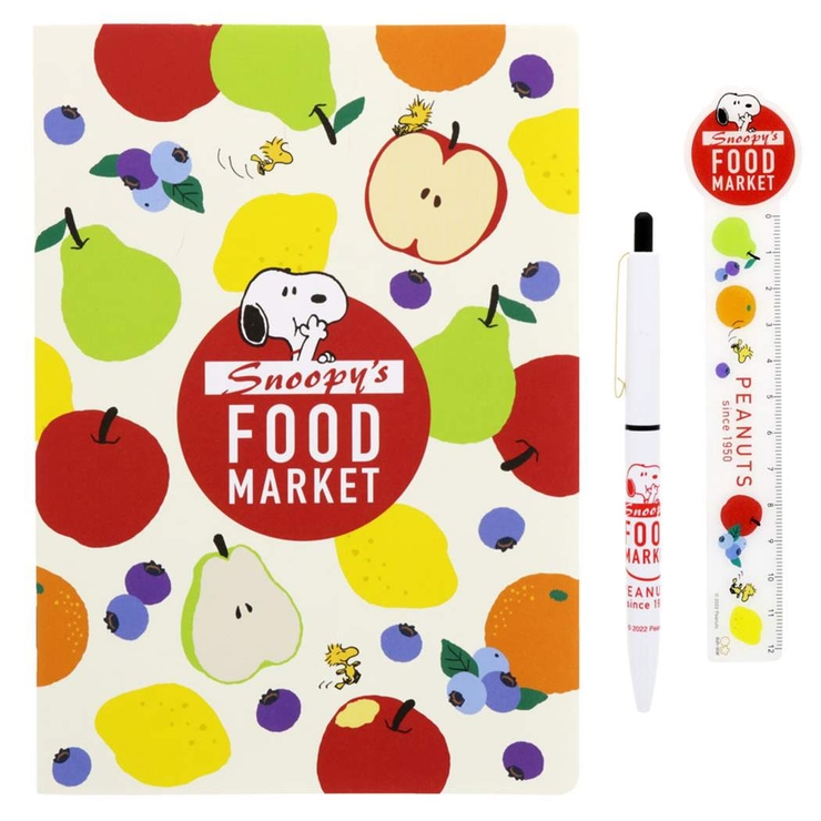 スヌーピー文房具セットステーショナリーセットDeliciousFoodMarketアイボリーピーナッツサンスター文具フラットケースノートA5ボールペン定規キャラクターグッズシネマコレクション