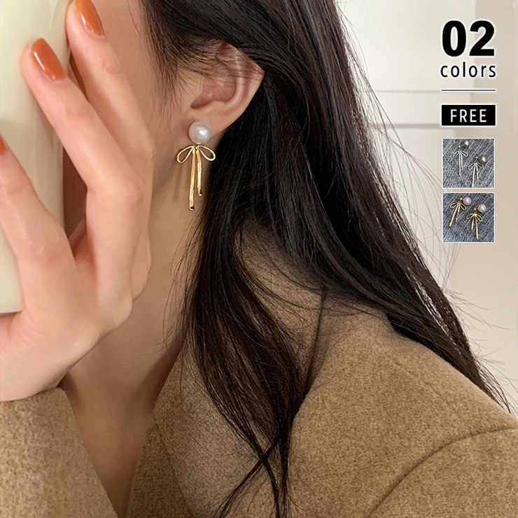 甘すぎないメタルリボンピアス パールリボンピアス ピアス | COCOMOMO | 詳細画像1 