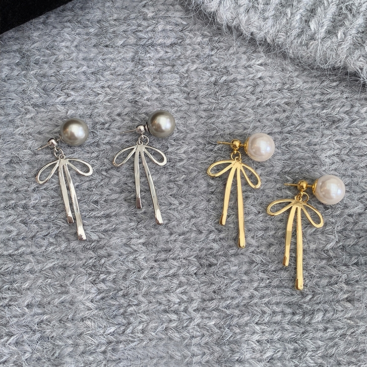 甘すぎないメタルリボンピアス パールリボンピアス ピアス | COCOMOMO | 詳細画像2 