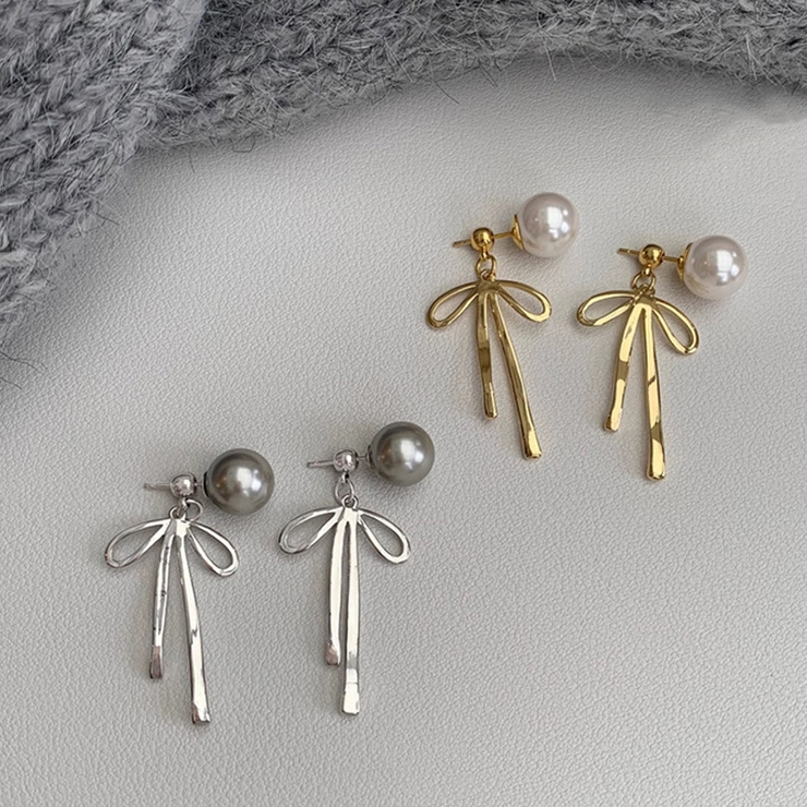 甘すぎないメタルリボンピアス パールリボンピアス ピアス | COCOMOMO | 詳細画像3 