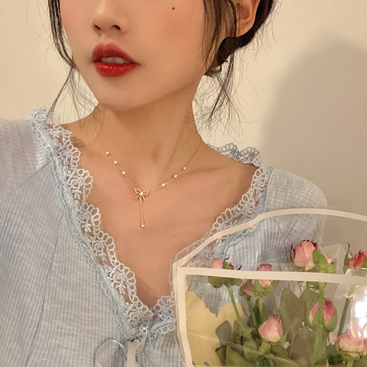 ネックレス リボンモチーフ パールチェーン ゴールドカラー[品番 
