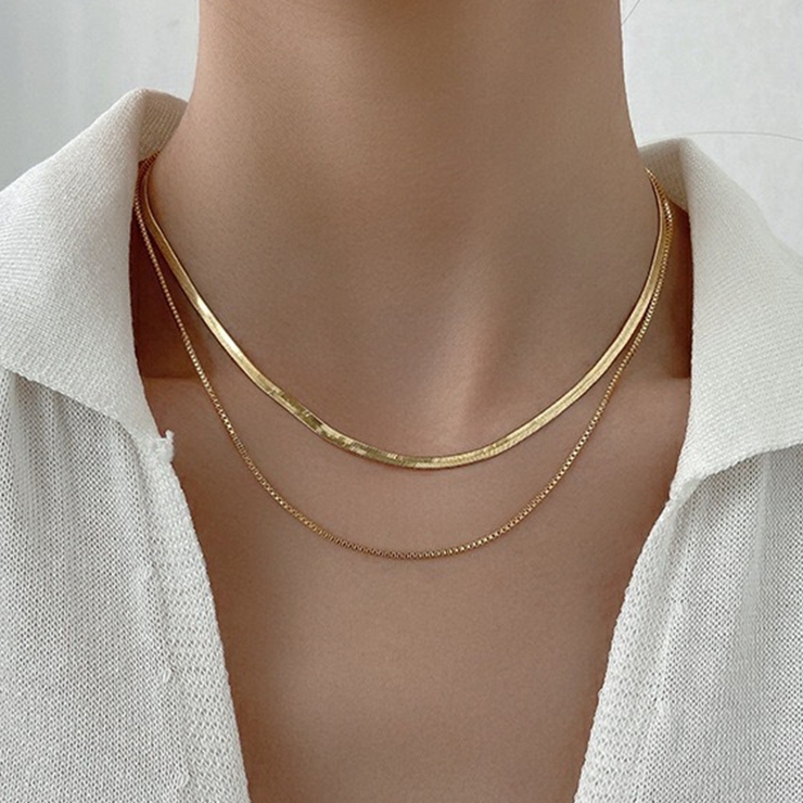 ダブルレイヤーチェーンネックレス 2連 スネークチェーン[品番