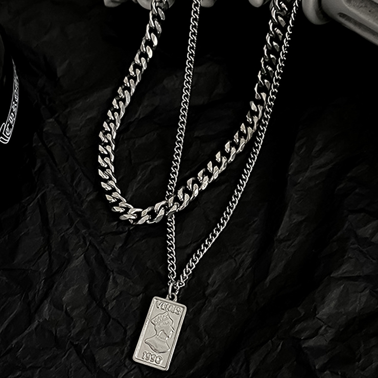 スクエアプレート ダブルチェーンネックレス シルバー[品番