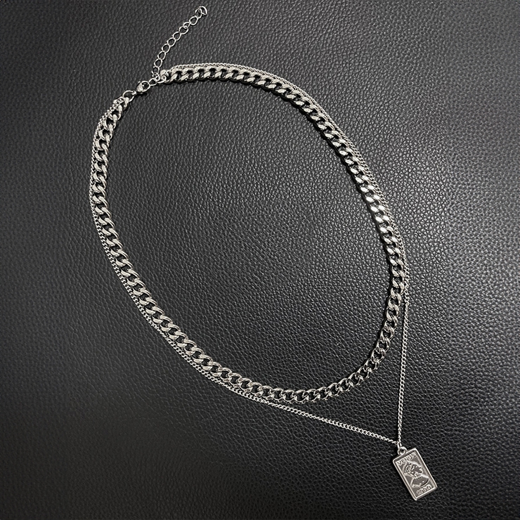 スクエアプレート ダブルチェーンネックレス シルバー[品番