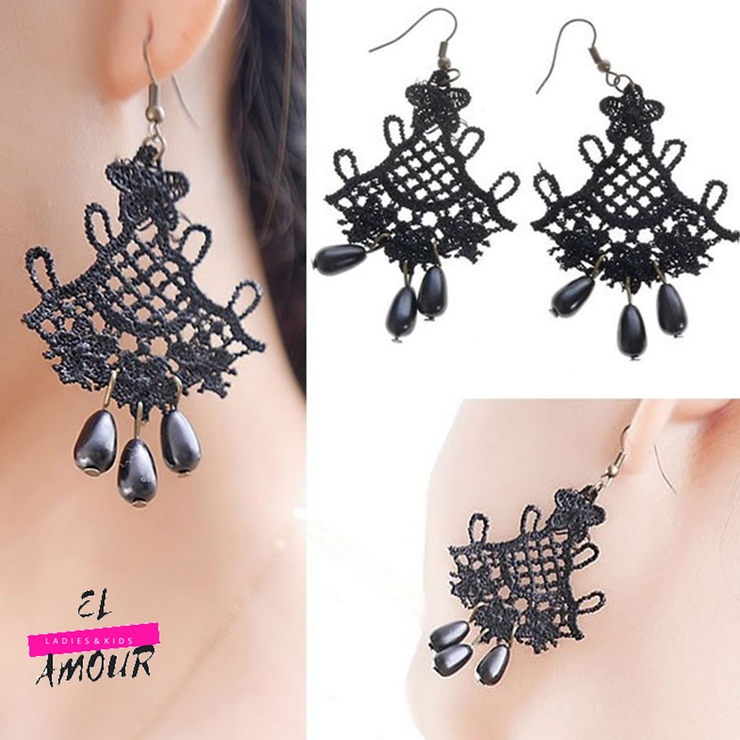 ゆらゆら ビーズ チェーン レース ピアス レディース ブラック | elamour | 詳細画像1 