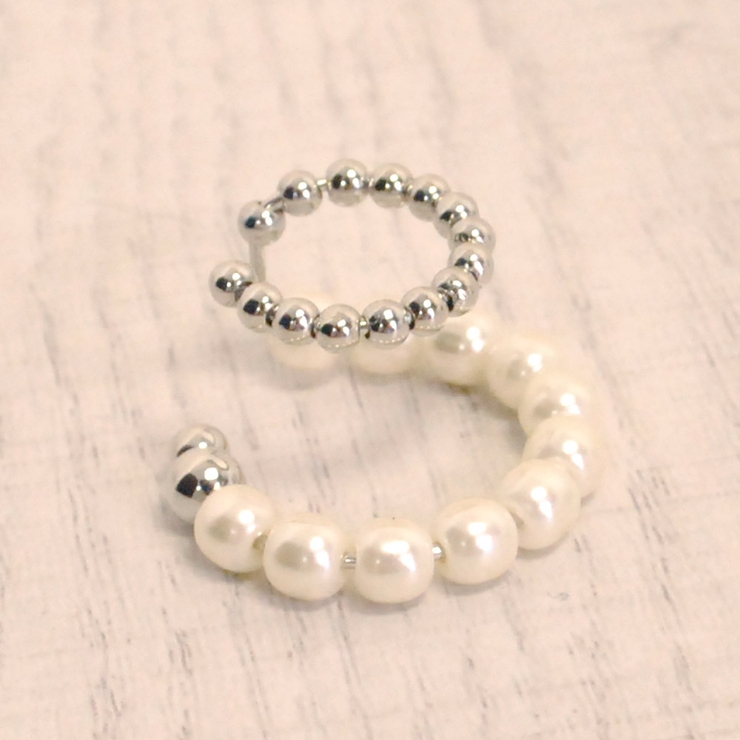 片耳用パールメタルダブルリングイヤーカフ ノンホールピアス イヤリング | FACION | 詳細画像1 