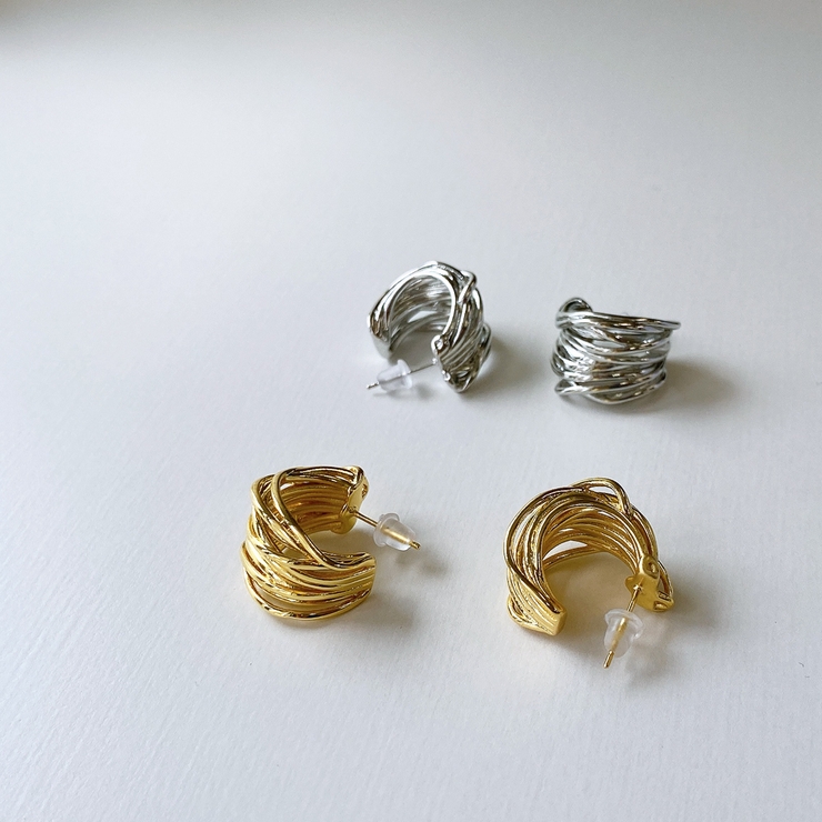 大振りレイヤードラインフープピアス 幅広シルバーゴールド大きめレディース | FACION | 詳細画像4 