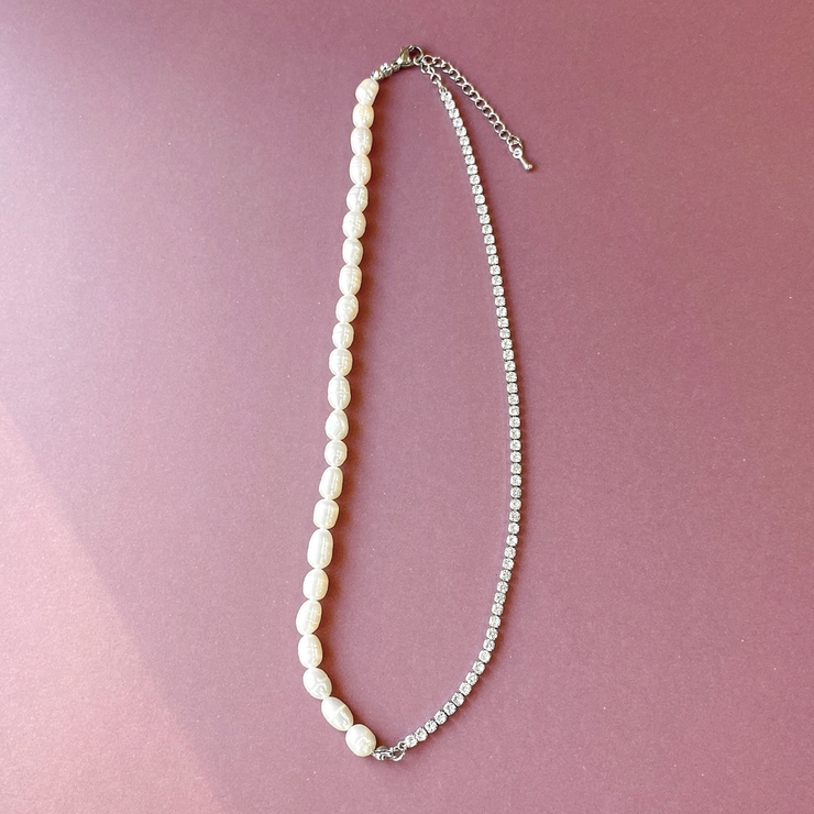 シルバー | 淡水パール＆ストーンチェーンネックレスレディース 女性 オケージョン | FACION