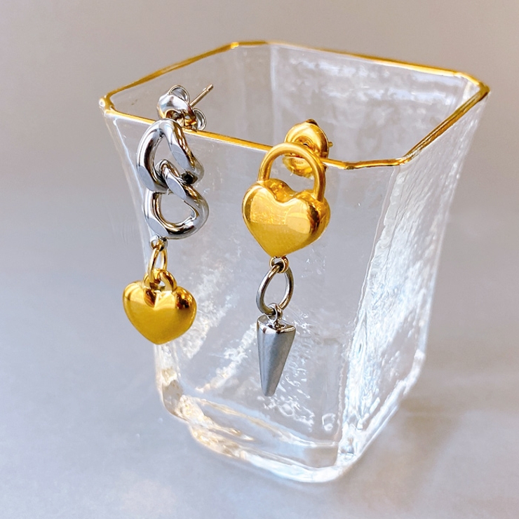 バイカラーデザインハートチェーンステンレスピアス コンビカラー アレルギー対応 | FACION | 詳細画像2 