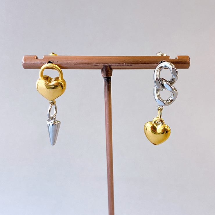 バイカラーデザインハートチェーンステンレスピアス コンビカラー アレルギー対応 | FACION | 詳細画像5 