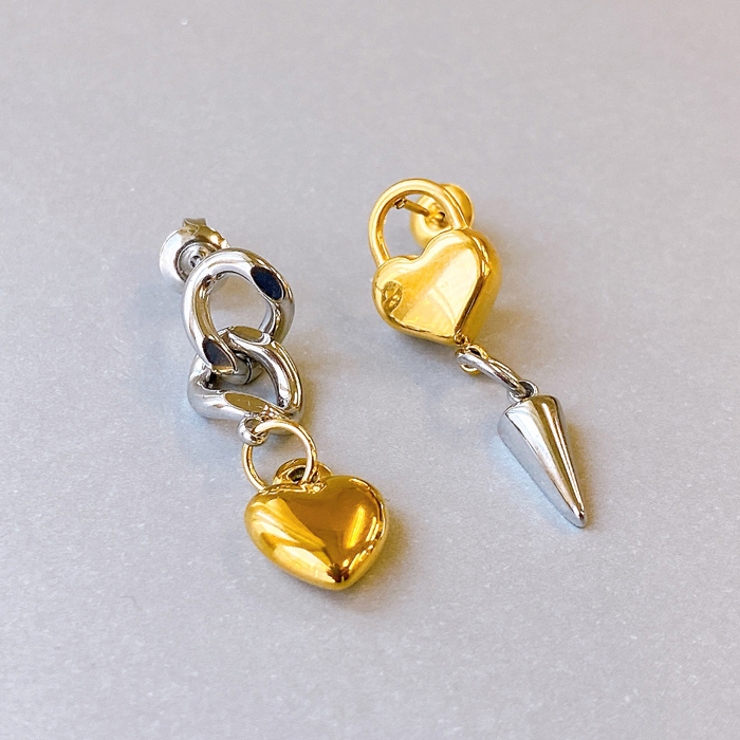 バイカラーデザインハートチェーンステンレスピアス コンビカラー アレルギー対応 | FACION | 詳細画像6 