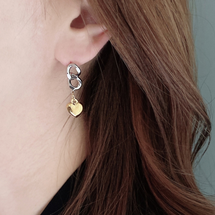 バイカラーデザインハートチェーンステンレスピアス コンビカラー アレルギー対応 | FACION | 詳細画像9 