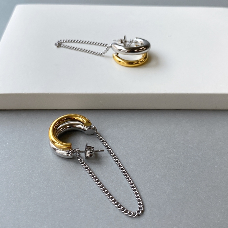 バイカラーステンレスチェーン付フープピアス シルバー ゴールド | FACION | 詳細画像3 