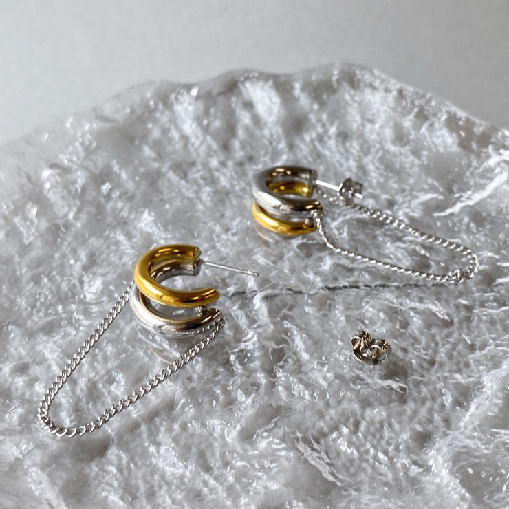 バイカラーステンレスチェーン付フープピアス シルバー ゴールド | FACION | 詳細画像4 