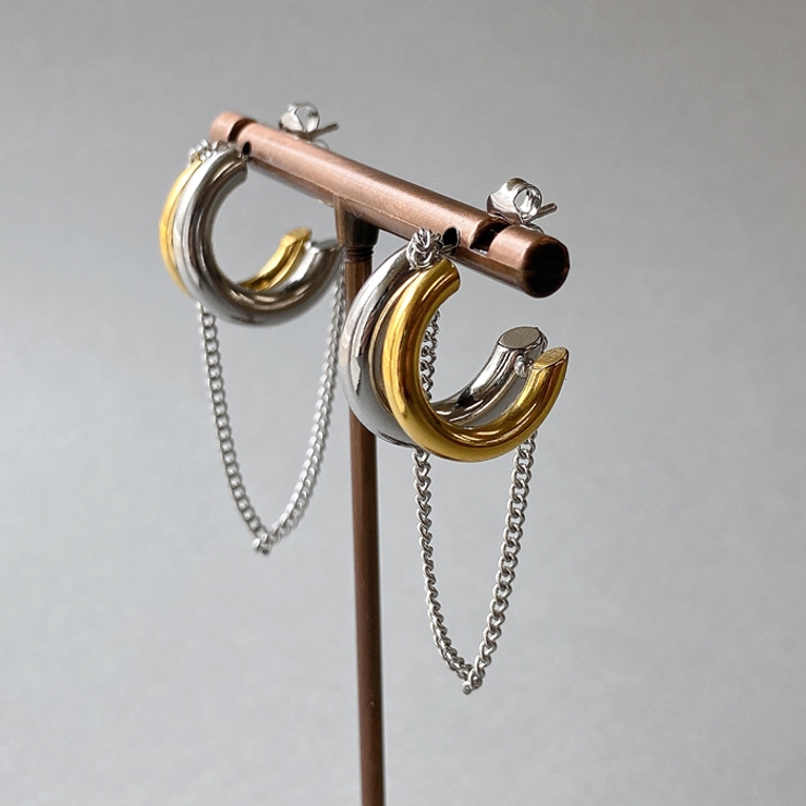 バイカラーステンレスチェーン付フープピアス シルバー ゴールド | FACION | 詳細画像1 