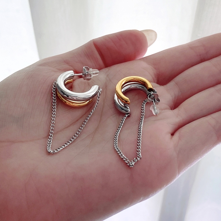 バイカラーステンレスチェーン付フープピアス シルバー ゴールド | FACION | 詳細画像6 