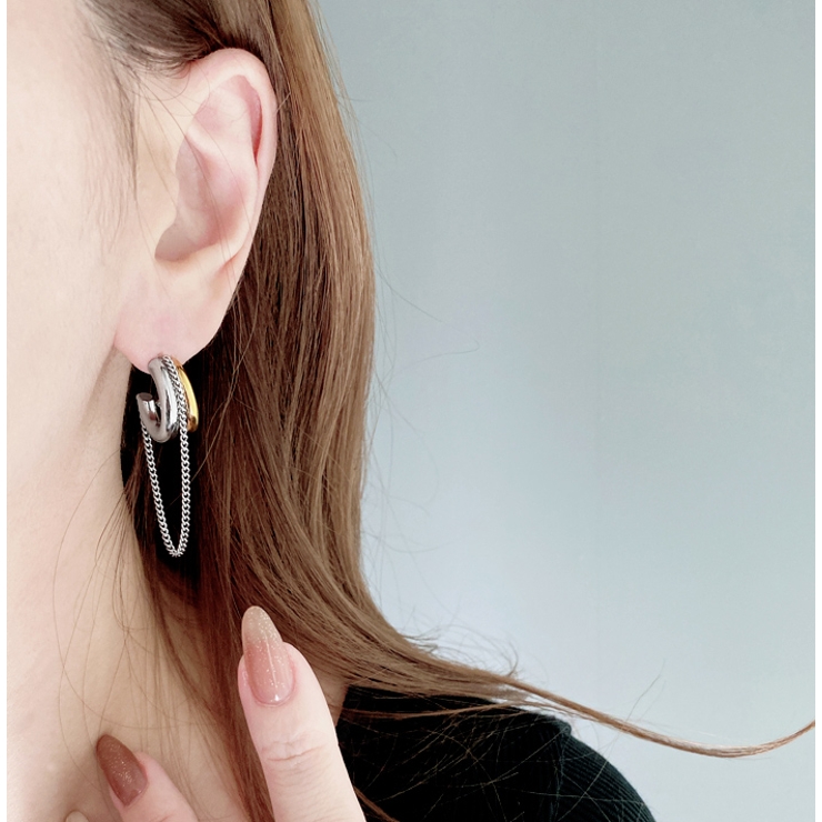 バイカラーステンレスチェーン付フープピアス シルバー ゴールド | FACION | 詳細画像7 