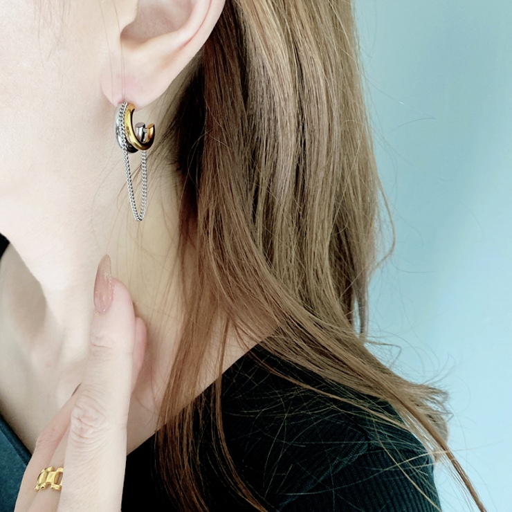 バイカラーステンレスチェーン付フープピアス シルバー ゴールド | FACION | 詳細画像8 