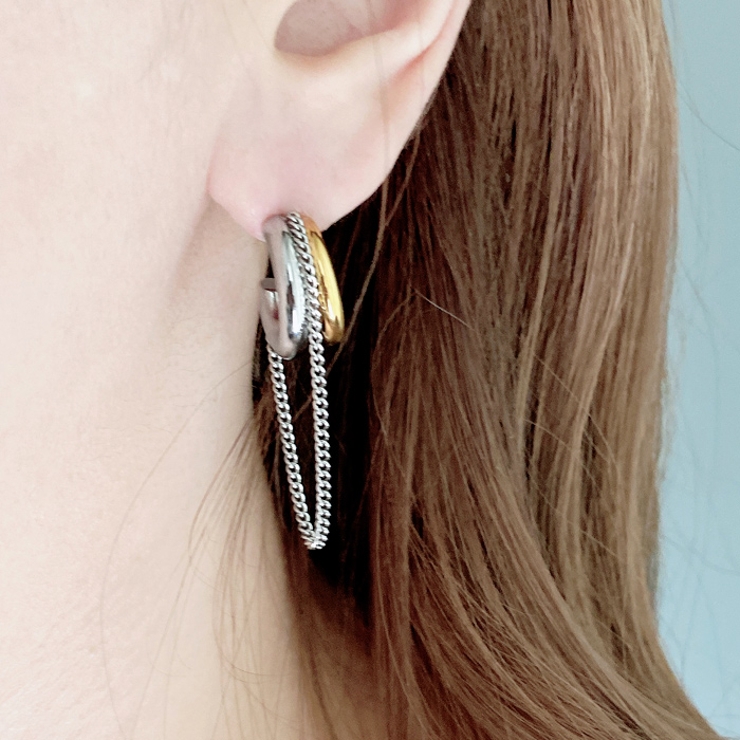 バイカラーステンレスチェーン付フープピアス シルバー ゴールド | FACION | 詳細画像9 