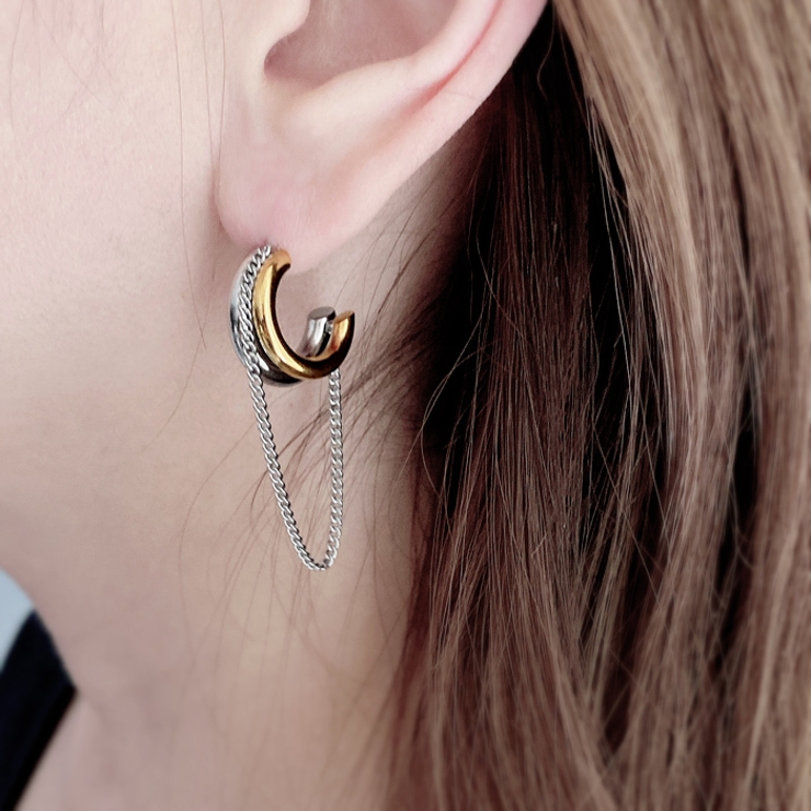 バイカラーステンレスチェーン付フープピアス シルバー ゴールド | FACION | 詳細画像10 